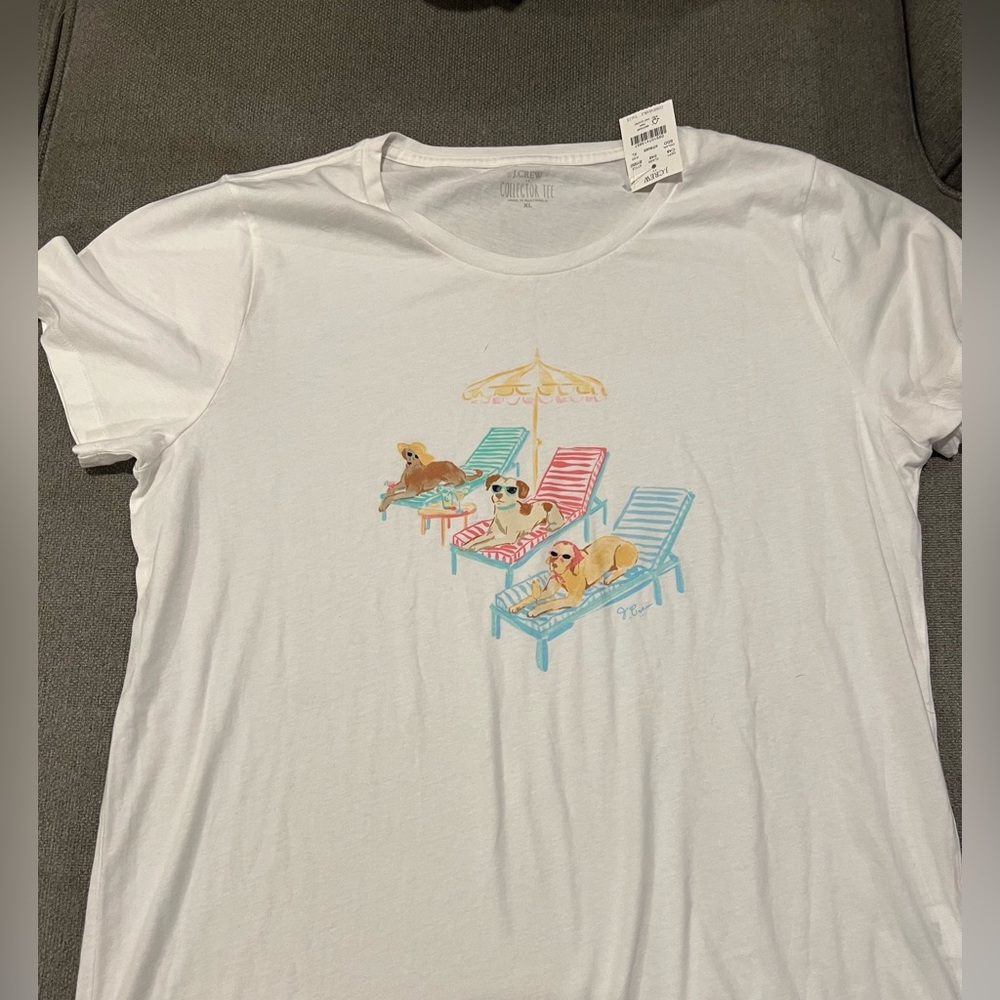 J Crew Factory Re-imagined White T-Shirt with Dog Print. NWT